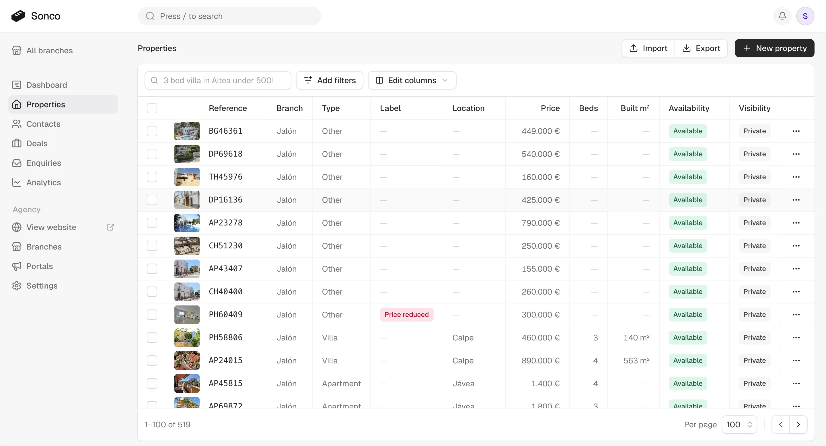 The Sonco properties list: each listing's reference, price, availability and portal visibility in one table
